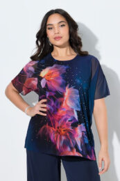 UllaPopken Midnight Blossom layered chiffon blouse with floral print and rhinestone details