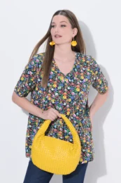 UllaPopken Painted Posies Tee with colourful ditsy floral print, V-neckline and soft stretch fabric