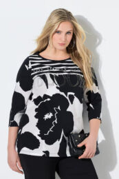 UllaPopken black and white floral tee with rhinestone lettering and striped shoulder detail