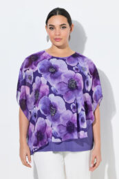 UllaPopken purple floral chiffon blouse with rhinestone details and asymmetric layered overlay