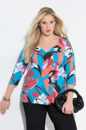 UllaPopken Brushstroke Print Tee with colourful abstract print, sweetheart neckline and 3/4 sleeves