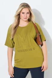 UllaPopken Modern View Tee in olive green with rhinestone logo detail, scoop neckline and relaxed fit