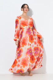 UllaPopken Painted Petals Maxi Dress with oversized coral and pink floral print and flowing pleated skirt