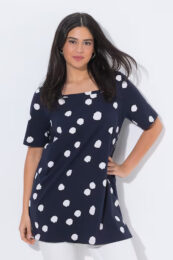 UllaPopken navy polka dot tee with square neckline and relaxed A-line silhouette