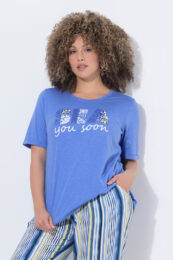 UllaPopken Sea You Soon Tee in soft blue with rhinestone slogan detail, scoop neckline and striped trousers styling
