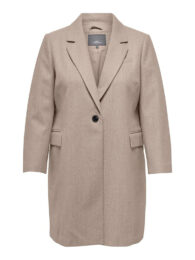 Only Carmakoma taupe midi coat with one button fastening and tailored silhouette front view