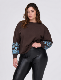 ONLY Mocha Bloom Sweater with embroidered blue floral sleeve detail and relaxed fit