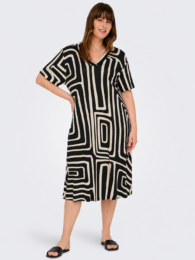 ONLY Midnight Maze midi dress with abstract black and cream print and V-neckline