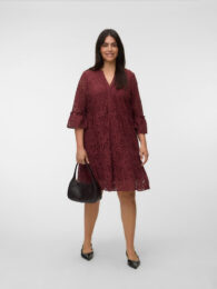 VeroModa Chocolate Tunic Dress in a rich chocolate print with a V-neck, 3/4 wide sleeves, cutline waist and flowing skirt.