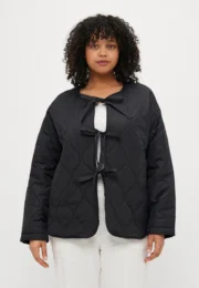 VeroModa Quilted Tie Jacket in black with a crew neckline, tie fastening, inseam pockets and lightweight quilted padding.