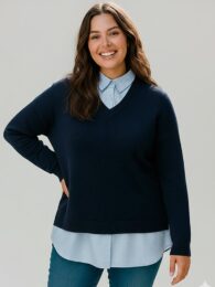 ONLY Layered Shirt Sweater in navy with an attached light blue shirt collar and hem, decorative imitation stones, side slits and a relaxed fit.