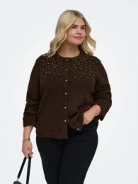 ONLY Chocolate Pearl Knit Cardigan with pearl embellishment and button fastening