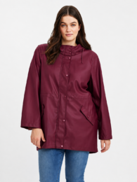 VeroModa Rainy Day Berry Raincoat with adjustable hood, raglan sleeves, longer length, front pockets and drawstring waist.