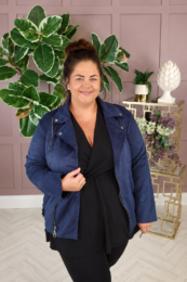 Navy Faux Suede Jacket with buttery-soft finish, decorative zip fastening and front zip pocket details.