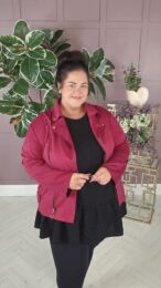 Berry Faux Suede Jacket in a rich berry pink with buttery-soft finish, decorative zip fastening and front zip details.