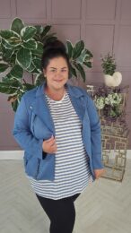 Blue Faux Suede Jacket in soft denim blue with buttery-soft finish, decorative zip fastening and front zip details.