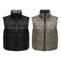Only Reversible Leopard Gilet with a black puffer side, leopard print reverse, high collar and front zip fastening.