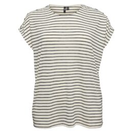 VeroModa Coastal Stripe Top in beige and navy with a round neck, short sleeves and classic horizontal stripes.