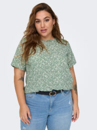 Only Sage Meadow Basic Top with a boat neck, short sleeves and a delicate white floral print on a soft sage green background.