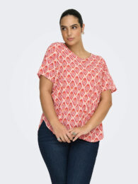 Only Warm Tiles Basic Top with a boat neck, short sleeves and a warm coral geometric tile-inspired print.