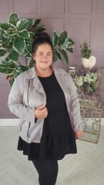 Grey Faux Suede Jacket in soft silver grey with buttery-soft finish, decorative zip fastening and front zip details.