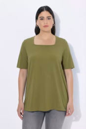 UllaPopken Square Neck Stretch Tee Green with short sleeves and relaxed A-line fit
