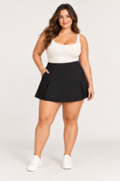 Black Pleated Skort by Only Carelly with high waistband, front pleat detailing and built-in shorts, modelled with a white vest top