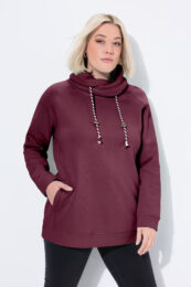 UllaPopken Cowl Neck Maroon top with drawstring neckline, raglan long sleeves and side pockets