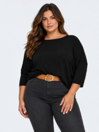 Black Relaxed Top by Only Carlamour with round neckline, dropped shoulders, three-quarter sleeves and longer back hem