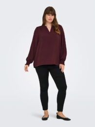 Burgundy Smocked Sleeve Blouse by Only Carmetta with V-neckline, long sleeves, smocked cuffs and relaxed woven styling
