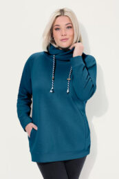 UllaPopken Cowl Neck Teal sweatshirt with adjustable drawstring collar, long raglan sleeves, ribbed trims and side pockets