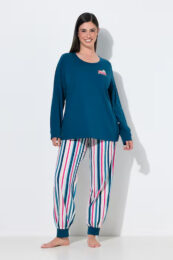 UllaPopken Book Lover Pajama Set in dark teal with book print top and striped cotton trousers