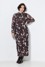 Chocolate Polka Dot Dress by UllaPopken with layered mesh, long sleeves, high neckline and front slit