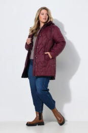 Plum Geometric Longline Jacket by UllaPopken with quilted pattern, drawstring hood and two-way zip