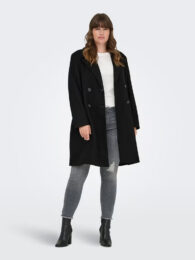 Black Caradina Long Coat by ONLY with revere collar, double-breasted front and longline fit