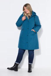 UllaPopken Dark Petrol Weatherproof Coat with adjustable hood, stand-up collar and rounded hem