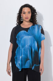 Blue Floral Mesh Blouse by UllaPopken with layered floral chiffon, round neckline, cap sleeves and opaque lining