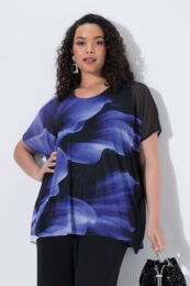 Purple Floral Mesh Blouse by UllaPopken with oversized fit, layered flower print chiffon, scoop neckline and cap sleeves