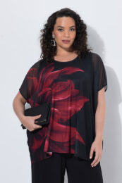 Red Floral Mesh Blouse by UllaPopken with layered floral chiffon, scoop neckline, cap sleeves and opaque lining
