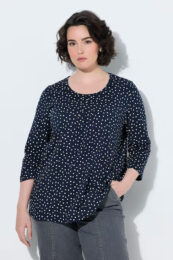 Navy Polka Dot Tee by UllaPopken with decorative pintuck neckline, three-quarter sleeves and 100% cotton fabric